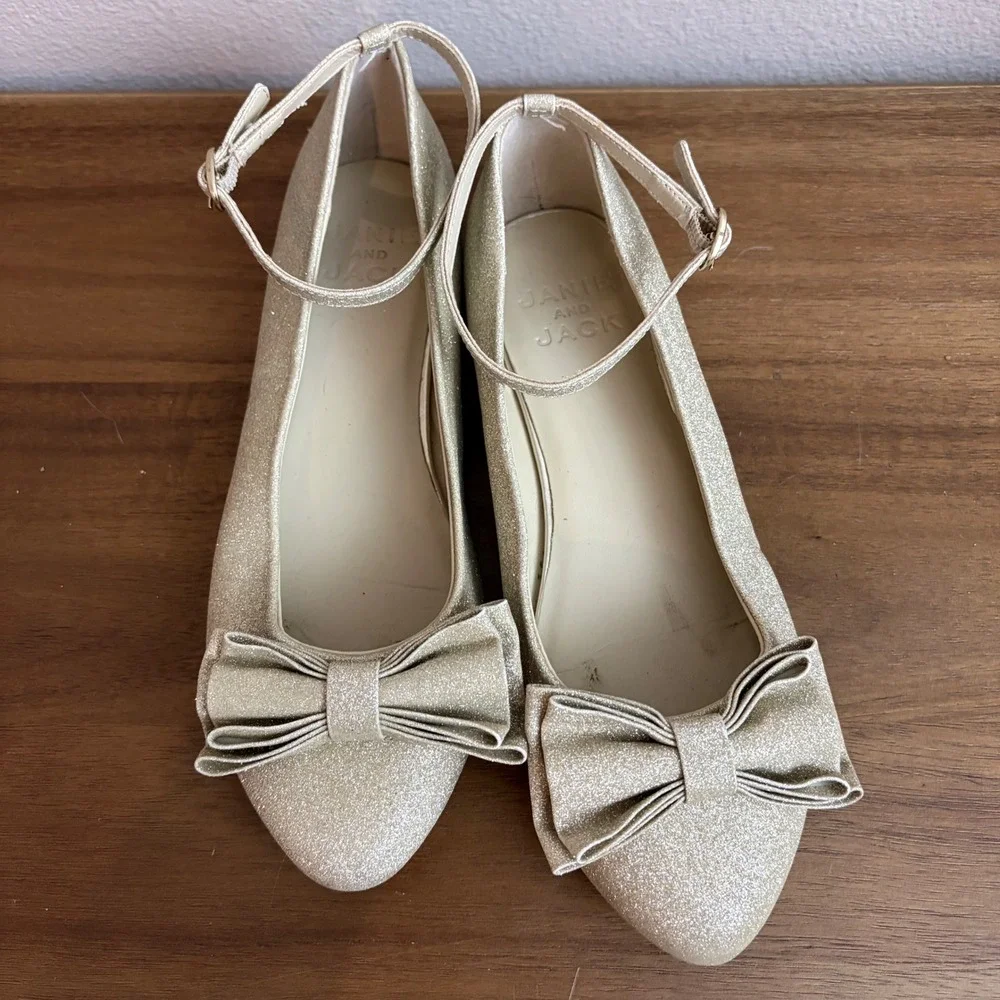 Janie and Jack Gold Glitter Ankle Strap Ballet Flats Size 2Y Sparkle Party Shoes